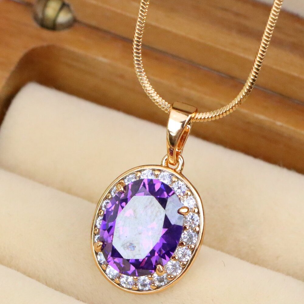 "Oval Purple Pendant with White Crystal Halo in Rose Gold Setting, XPPT1622